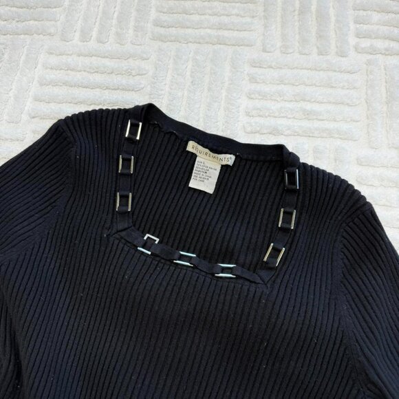 black y2k ripped square neck top with metal ring details by Requirements - Picture 2 of 5
